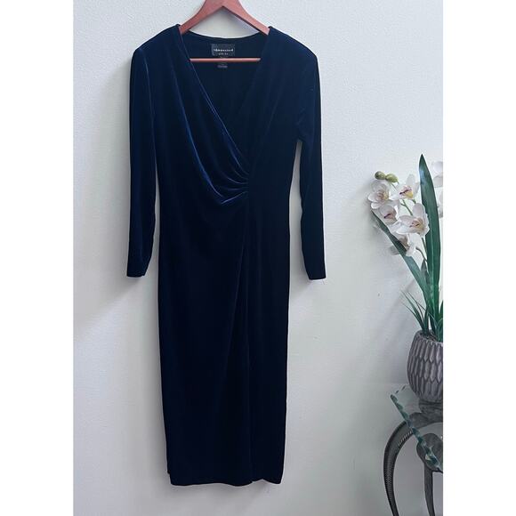 Sophisticated Midnight Blue Velvet Ruched Midi Cocktail Dress Women's Petite 14p - Picture 1 of 7